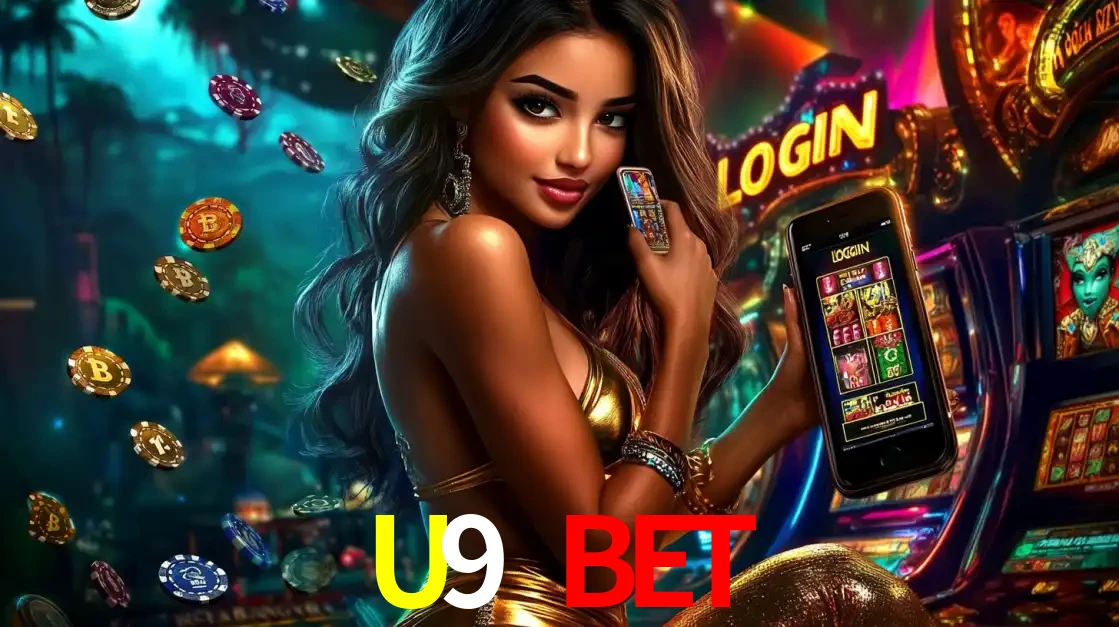 Mulher em um cenário de cassino temático de aventura, mostrando o app de caça-níqueis da U9 BET no celular. Fichas de apostas flutuam ao redor.