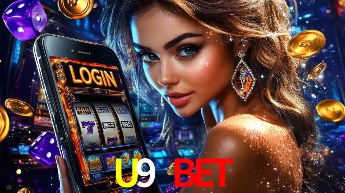 Mulher glamorosa segurando um smartphone com a tela de login para os jogos de caça-níqueis do cassino online U9 BET, com moedas de ouro e dados ao redor.