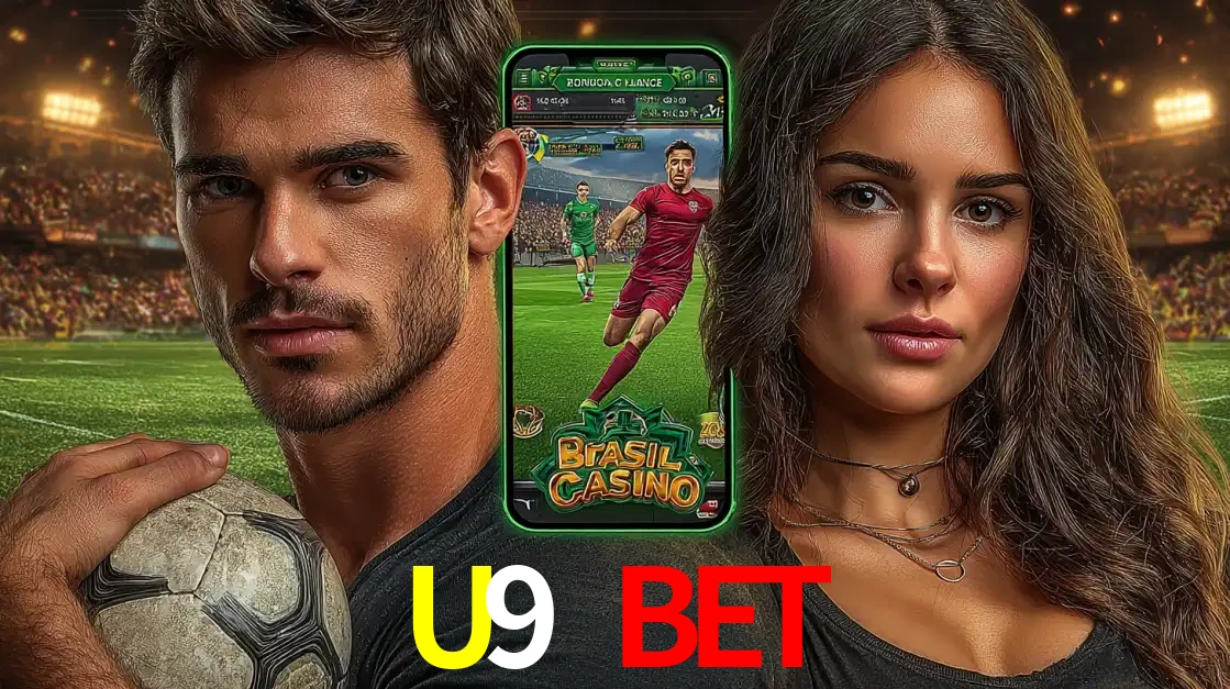 Homem segurando uma bola de futebol e uma mulher ao lado de um smartphone exibindo o jogo de apostas esportivas da U9 BET. Faça seu palpite no cassino online.